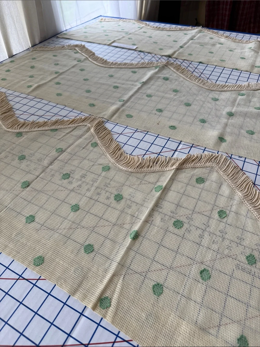 Antique 1920s 1930s Valances Set of 3 Fringed Plaid Green Dot Window Curtains